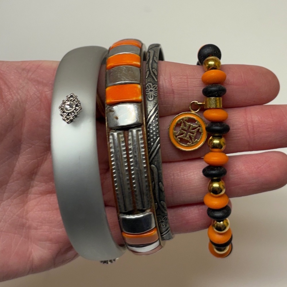 Mixed Bracelet Lot 4pc Orange Grey Silver Beaded Stretch Bangle Rhinestone